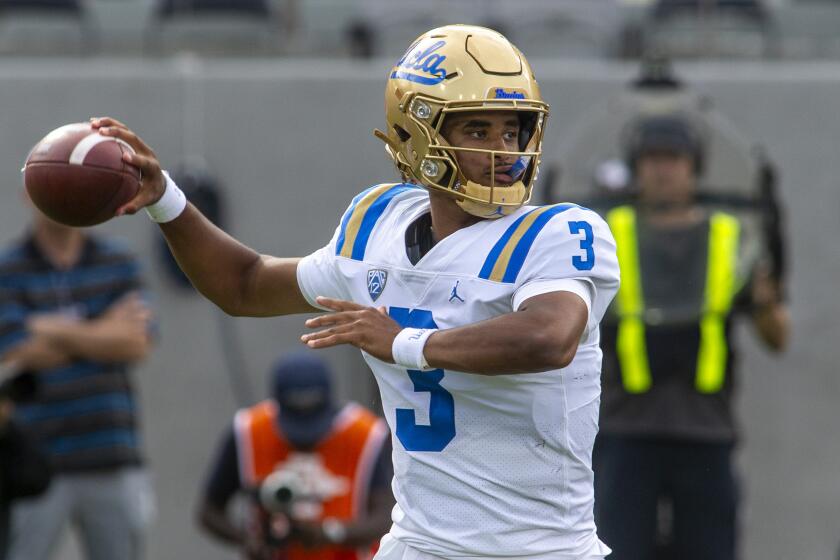 SAN DIEGO, CA - SEPTEMBER 09: UCLA quarterback Dante Moore (3) throws a pass in the first half.