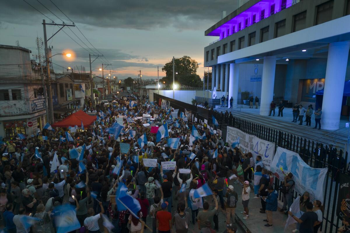 People holding signs and flags mass outside a building under a dim sky 