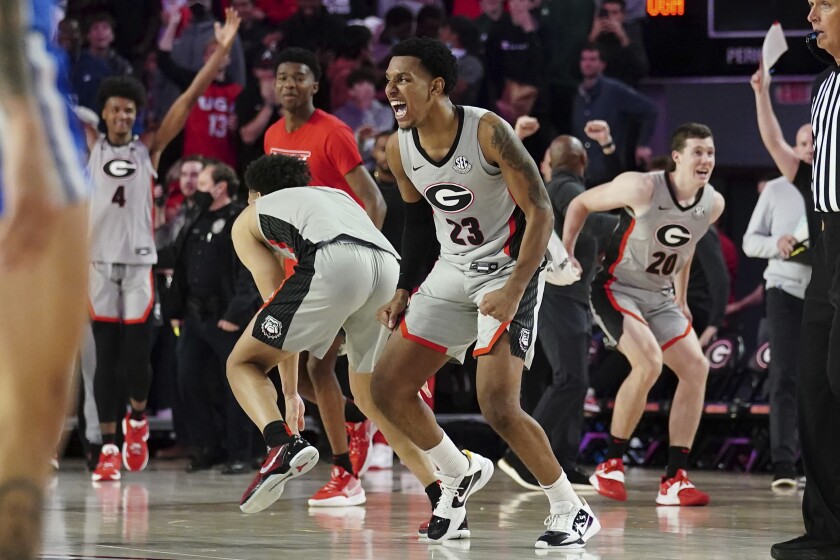 Georgia guard Braelen Bridges (23) reacts after defeating Memphis in an NCAA college basketball game Wednesday, Dec. 1, 2021, in Athens, Ga. (AP Photo/John Bazemore)