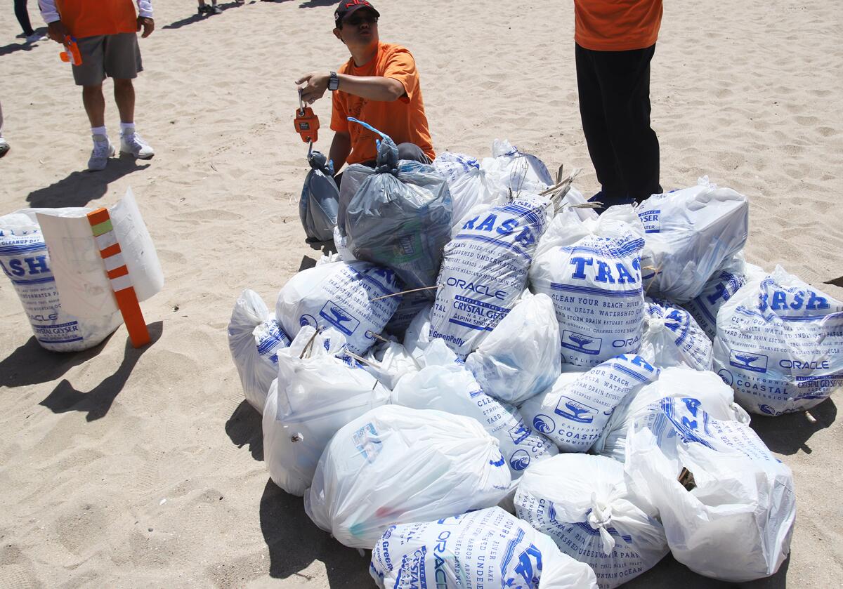 Volunteers from Orange County Coastkeeper weigh trash that Orange County students removed.