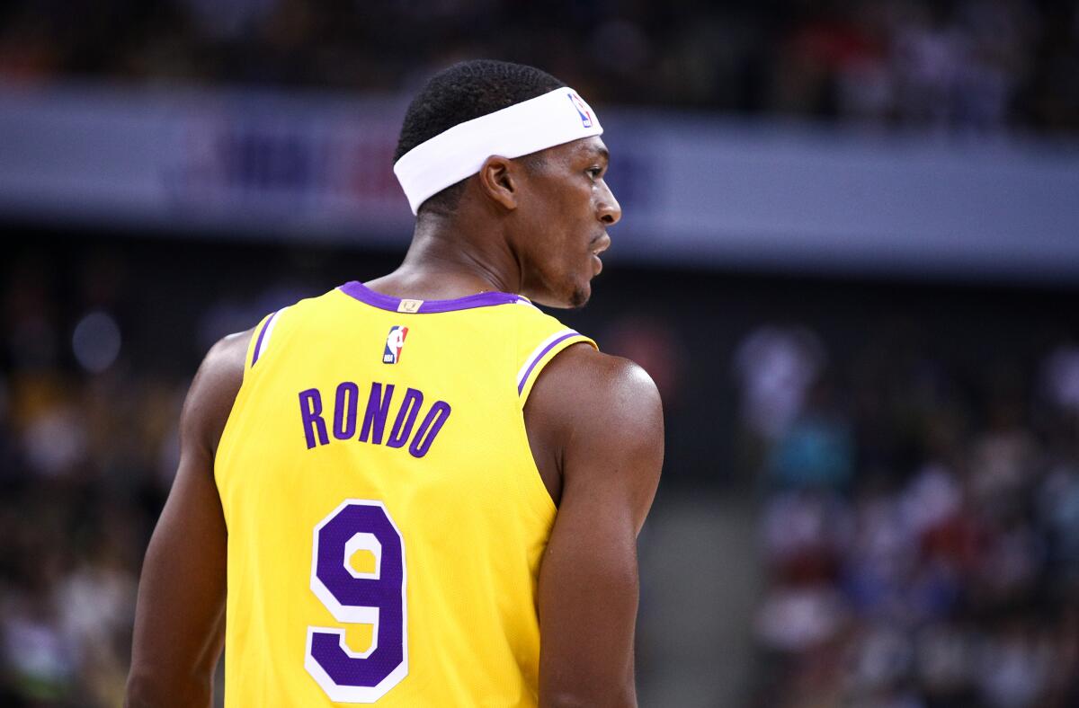 Lakers guard Rajon Rondo on the court against the Brooklyn Nets.