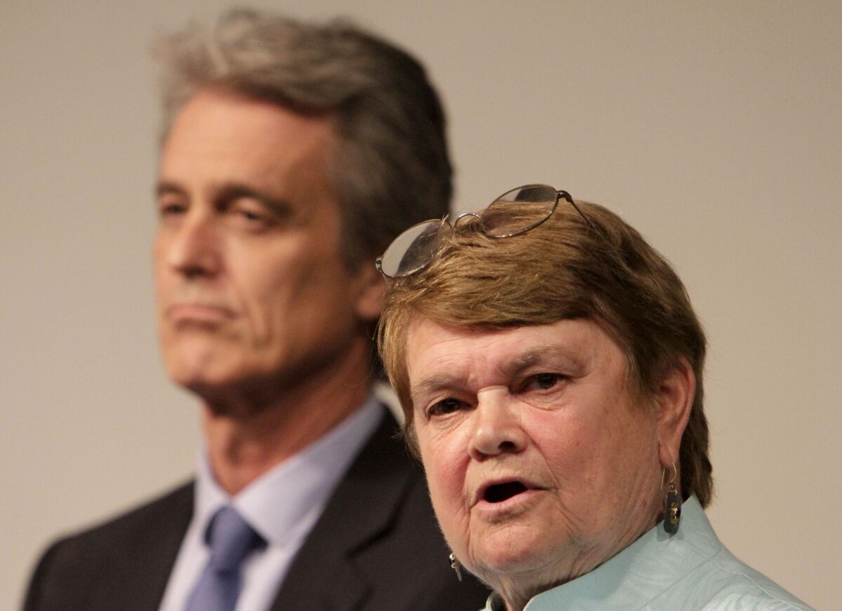 L.A. County supervisorial candidates Sheila Kuehl and Bobby Shriver during a recent debate.