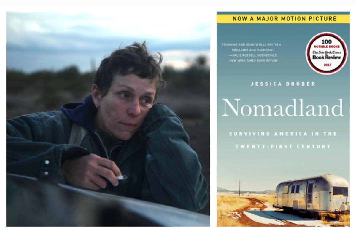 Frances McDormand in the movie "Nomadland"; Jessica Bruder's book "Nomadland."