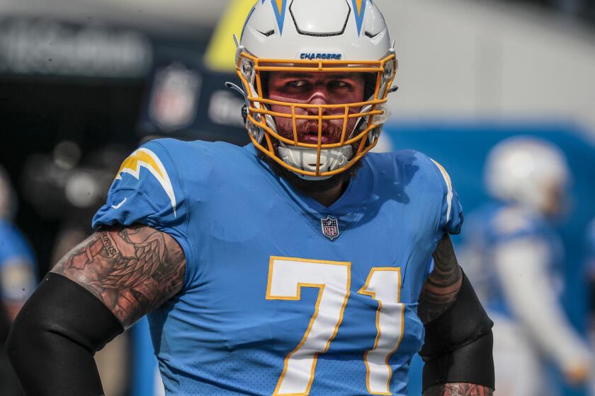 Inglewood, CA, Sunday, August 22, 2021 - Los Angeles Chargers offensive guard Matt Feiler (71) before a preseason game against the San Francisco 49ers at SoFi Stadium. (Robert Gauthier/Los Angeles Times)