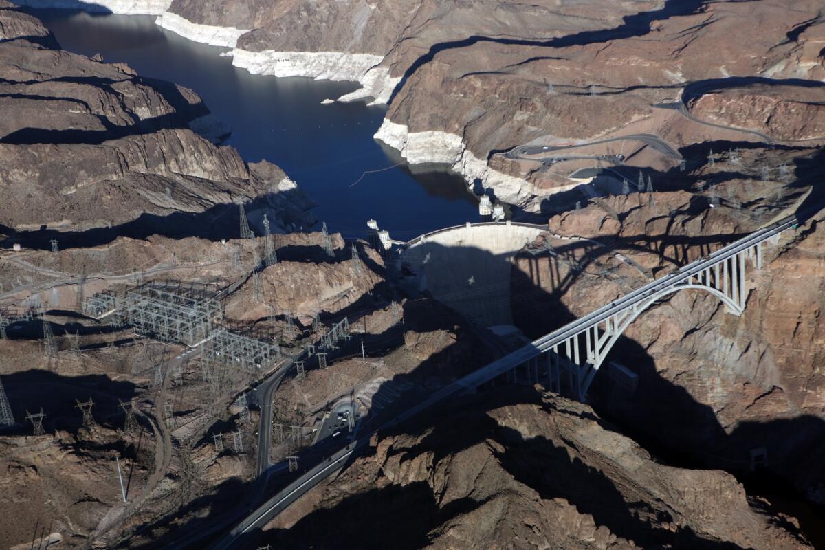 Aerial view of low water levels at Lake Mead
