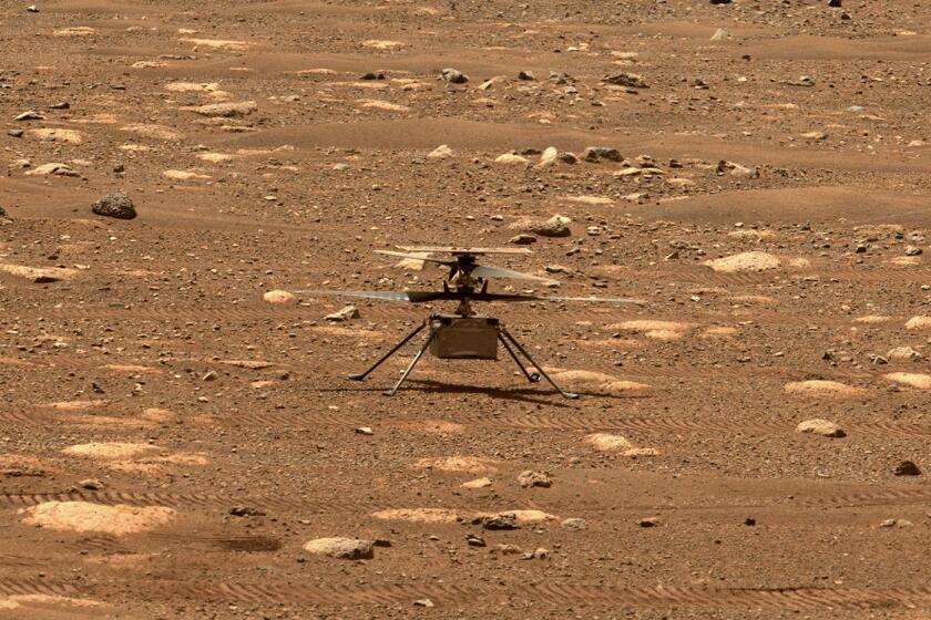 The Ingenuity drone on Mars next to the Perseverance Rover