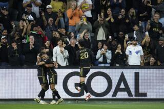 LAFC forward Cristian Olivera celebrates with Denis Bouanga and Eduard Atuesta after scoring 