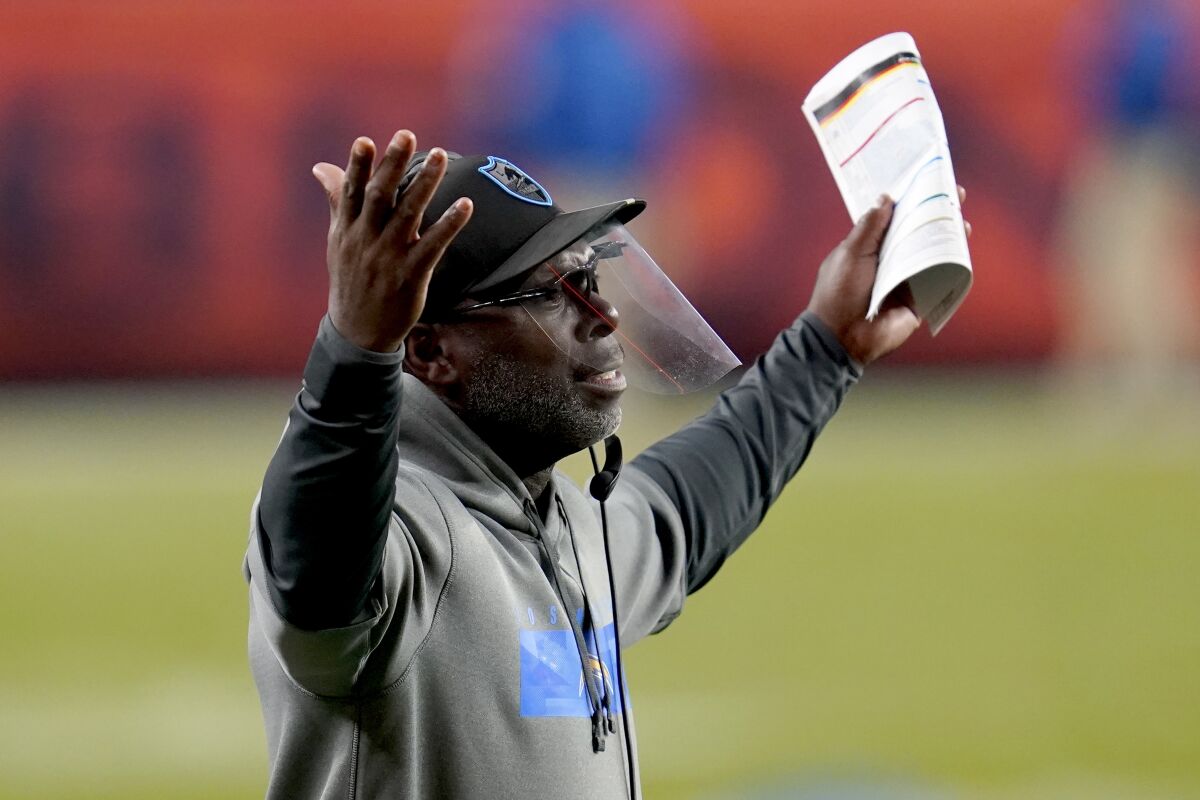 Los Angeles Chargers head coach Anthony Lynn reacts as the Denver Broncos scored the game-tying touchdown during the second half of an NFL football game, Sunday, Nov. 1, 2020, in Denver. The Broncos won 31-30. (AP Photo/David Zalubowski)