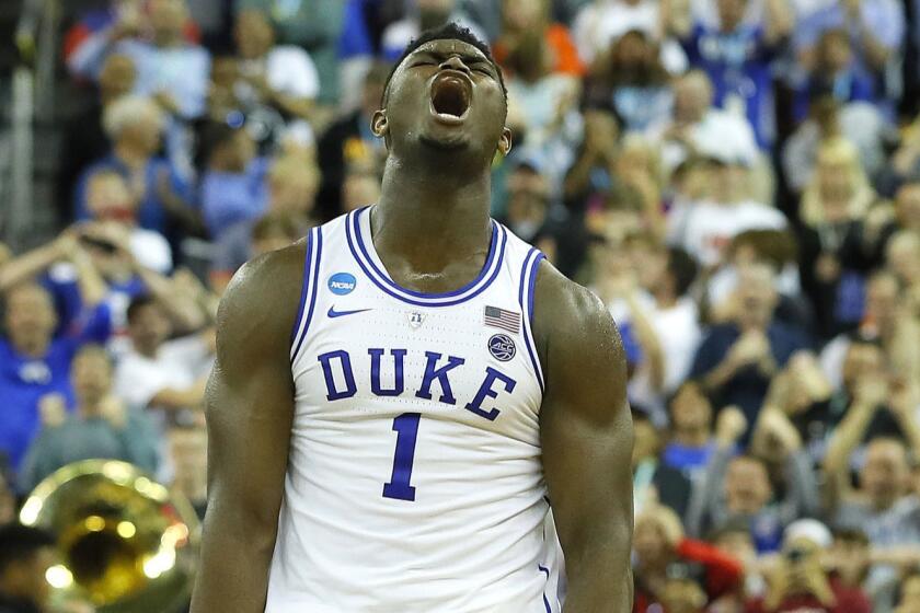 COLUMBIA, SOUTH CAROLINA - MARCH 24: Zion Williamson #1 of the Duke Blue Devils celebrates with his teammates after defeating the UCF Knights in the second round game of the 2019 NCAA Men's Basketball Tournament at Colonial Life Arena on March 24, 2019 in Columbia, South Carolina. (Photo by Kevin C. Cox/Getty Images) ** OUTS - ELSENT, FPG, CM - OUTS * NM, PH, VA if sourced by CT, LA or MoD **