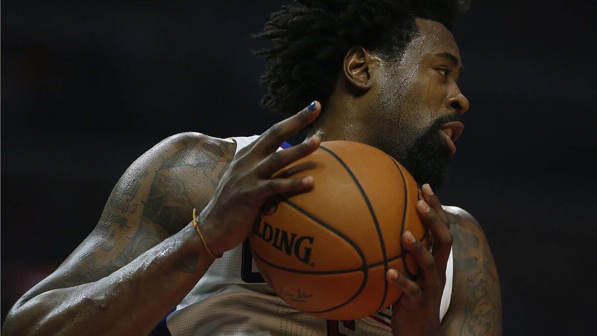 Clippers center DeAndre Jordan has swelling in his right thumb after slamming it against the hand of a Utah Jazz player on Sunday.