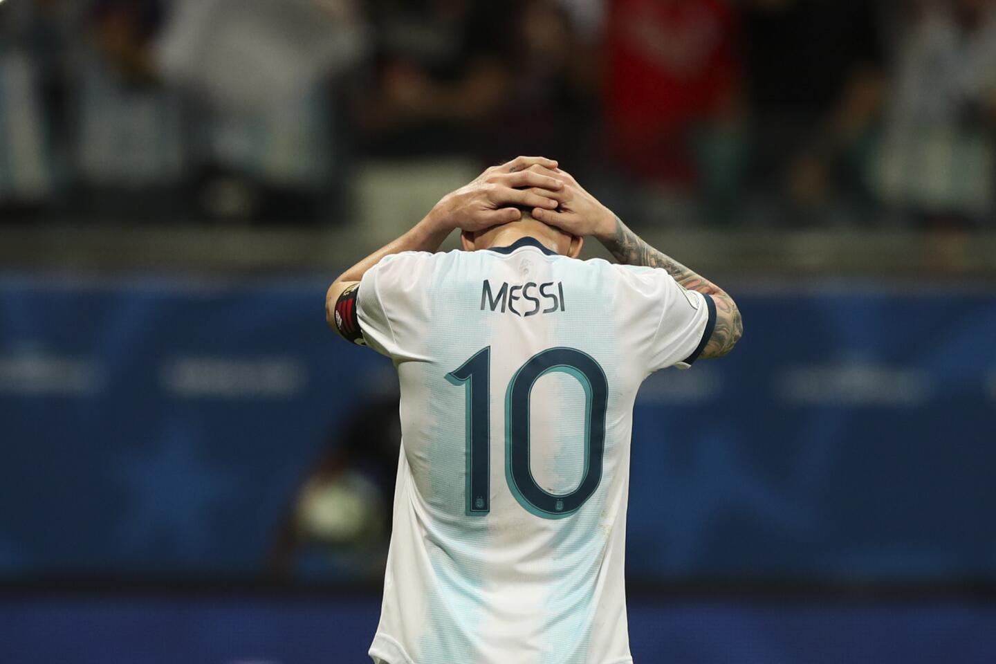 Argentina's Lionel Messi gestures after failing to score during a Copa America Group B soccer match against Colombia at the Arena Fonte Nova in Salvador, Brazil, Saturday, June 15, 2019.