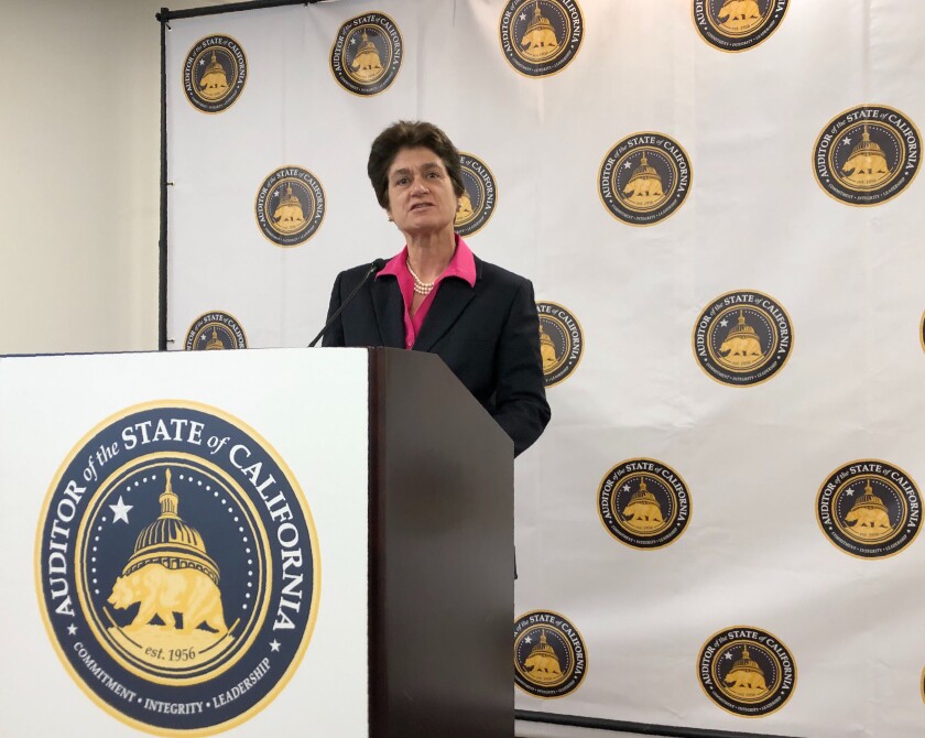 California State Auditor Elaine Howle launches the City Fiscal Health Dashboard, a new website ranking the fiscal health of over 470 state cities during a news conference in Sacramento, Calif., Thursday, Oct. 24, 2019. Howle released Thursday the ranking of the financial health of California cities assessed, of which 18 were declared fiscally challenged. Compton in Southern California was No. 1, followed by the cities of Atwater, Blythe, Lindsay and Calexico. (AP Photo/Adam Beam)