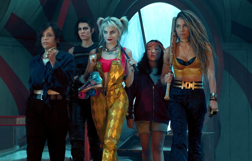 Margot Robbie, center, heads the cast of “Birds of Prey (And the Fantabulous Emancipation of One Harley Quinn)." With Rosie Perez, left, Mary Elizabeth Winstead, Ella Jay Basco and Jurnee Smollett-Bell.