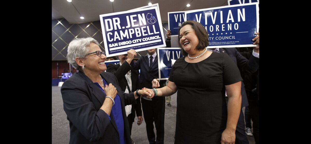 Vivian Moreno, right, and Dr. Jen Campbell, both San Diego City Council candidates, greet each other while in Golden Hall.