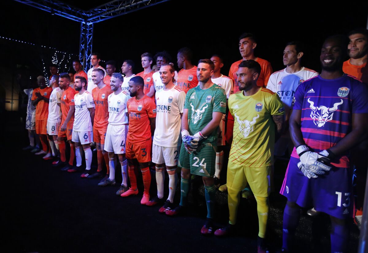 The San Diego Loyal soccer team unveiled their orange and white with green trim uniforms.