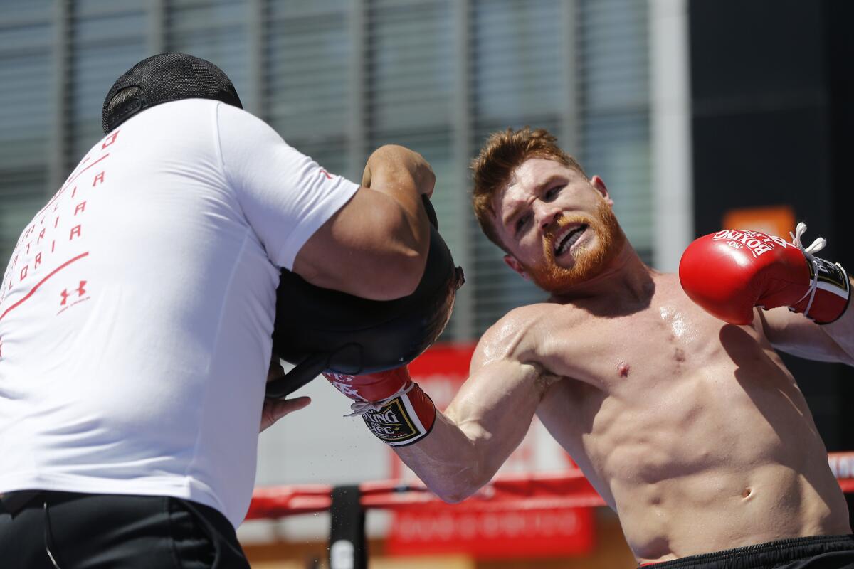 Canelo Alvarez works out for the media at L.A. Live on Aug. 28.