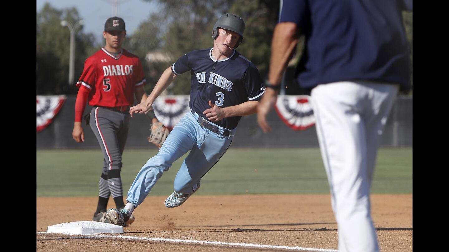 Corona del Mar High's Alex Rosen (3) rounds third base before scoring for the Pacific Coast League against South Coast during the Ryan Lemmon Senior Showcase at Windrow Community Park in Irvine on Saturday, June 9.