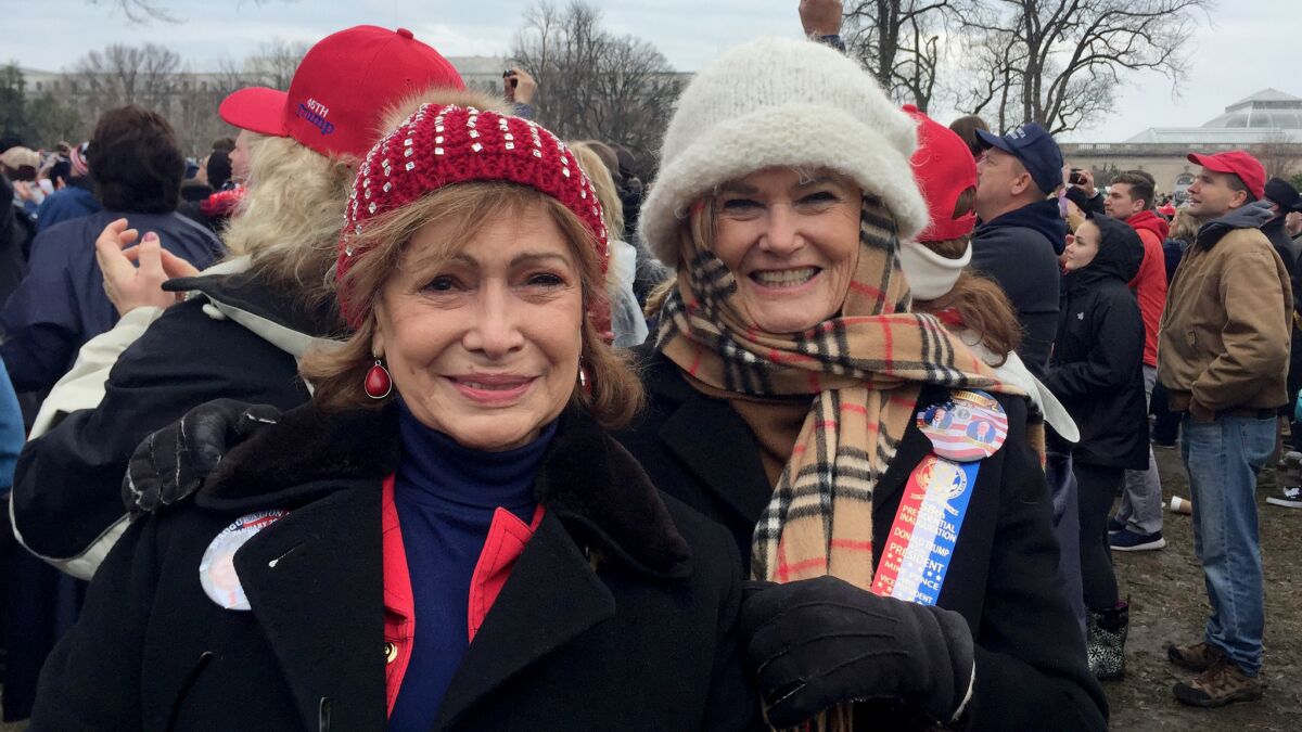 Celeste Greig of Northridge, left, and Nancy Eisenhart of Woodland Hills were among jubilant Californians who attended the inauguration of President Trump in Washington.