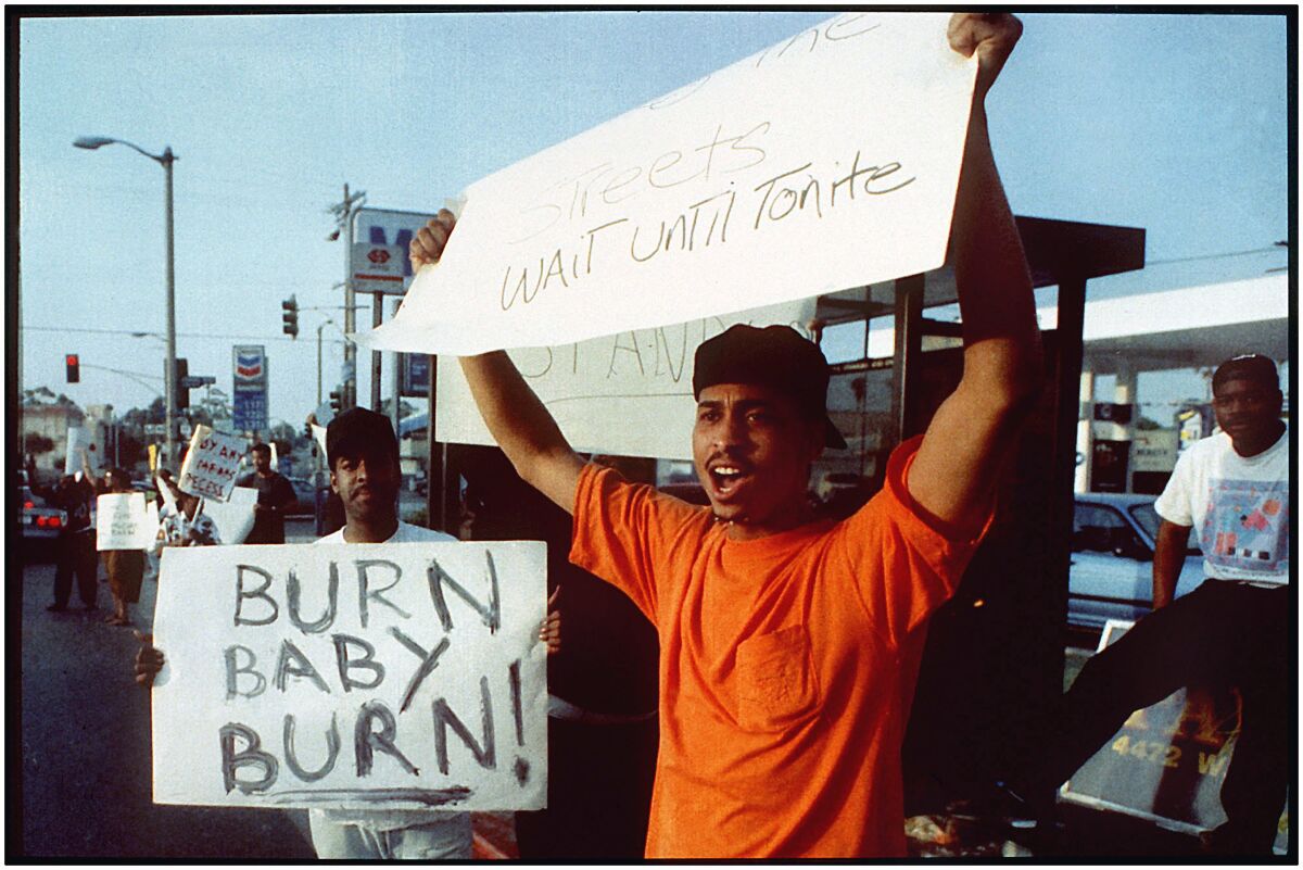 Residents of the West Adams district protest the 1992 acquittal of Los Angeles police officers in the beating of Rodney King.