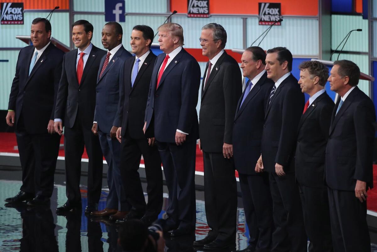 The 10 top-polling candidates in the first prime-time Republican presidential debate of the 2015-16 race, hosted by Fox News and Facebook on August 6, 2015, in Cleveland.