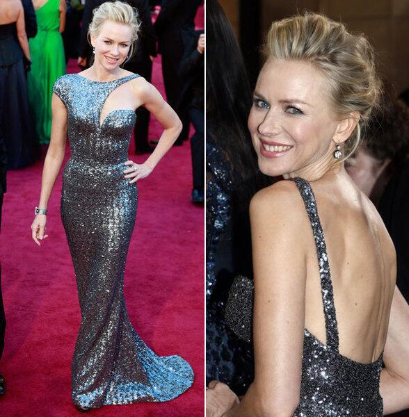 Naomi Watts' Armani gown was futuristic and edgy with all-over gun metal gray sequins and galactic-inspired cap sleeves.