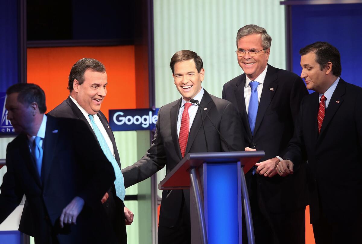 Republican presidential candidates onstage after the Fox News-Google GOP debate on Jan. 28.