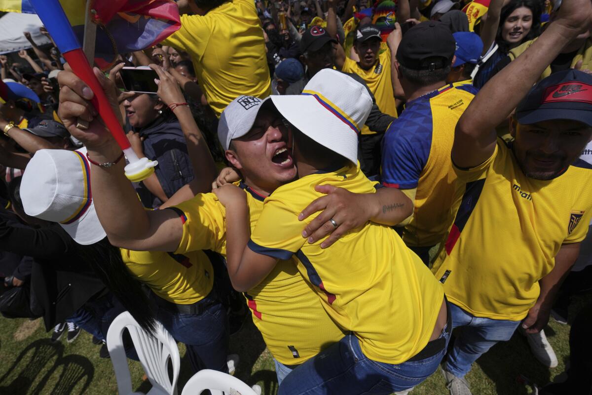 Ecuatorianos festejan la victoria ante Qatar en el Mundial, tras mirarla por pantalla gigante en Quito 