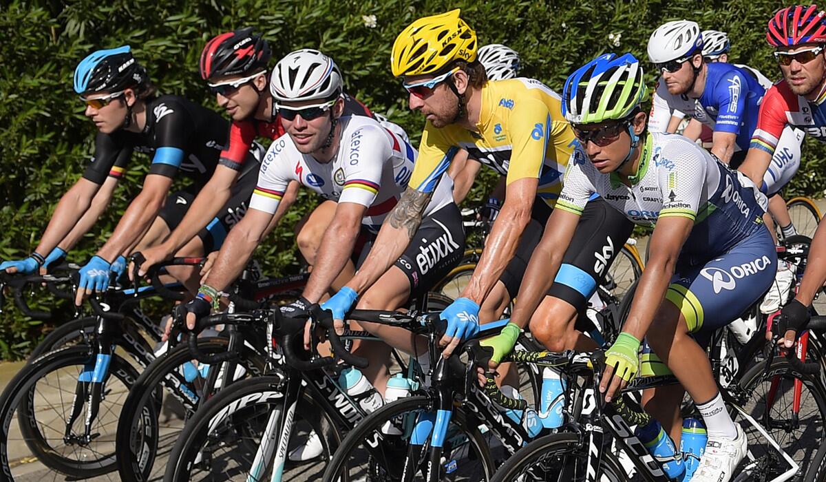 Eventual winner Bradley Wiggins (yellow jersey) rides at the front of the peleton during the final stage of the Tour of California on Sunday.
