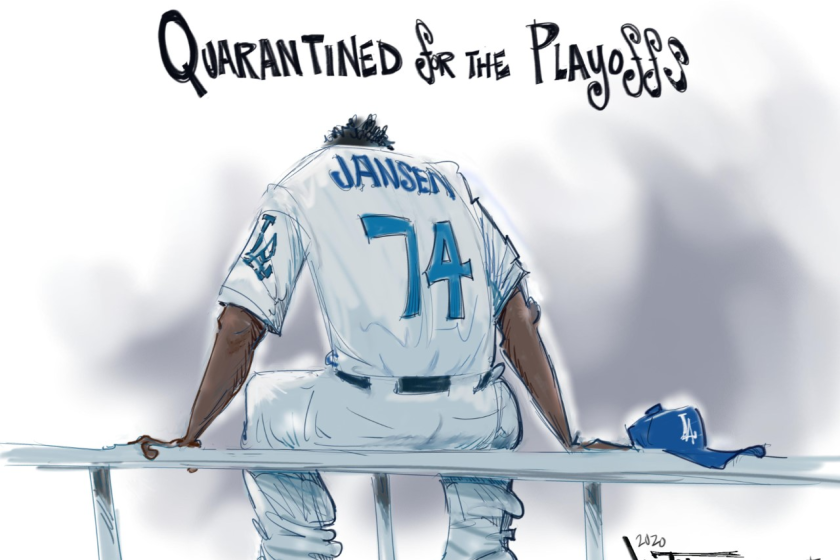 Kenley Jansen sitting on the bench cartoon.