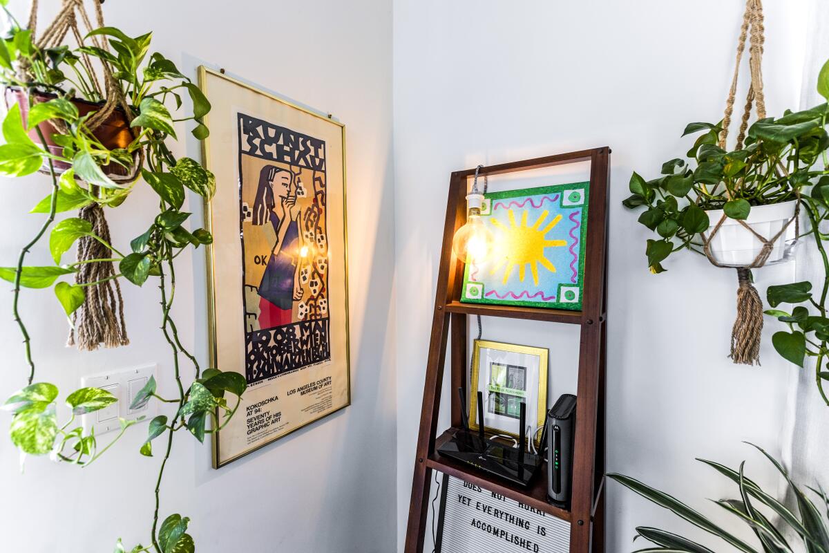 Plants, art,  a shelf with artworks and a lamp. 