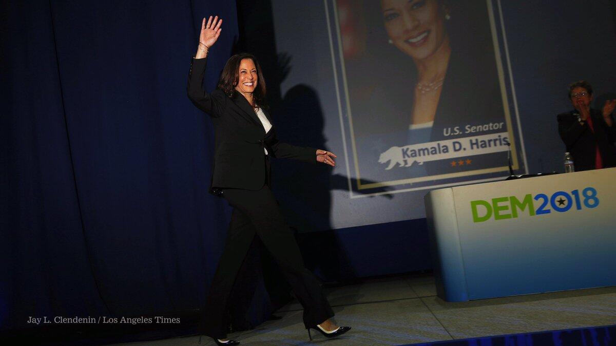 Sen. Kamala Harris takes the stage at the California Democratic Party convention in Sacramento.