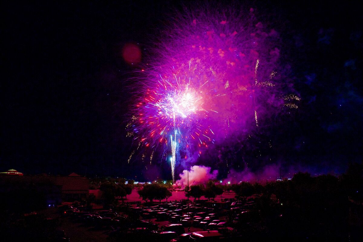 Fireworks explode over the Westfield Valencia Town Center in Santa Clarita.