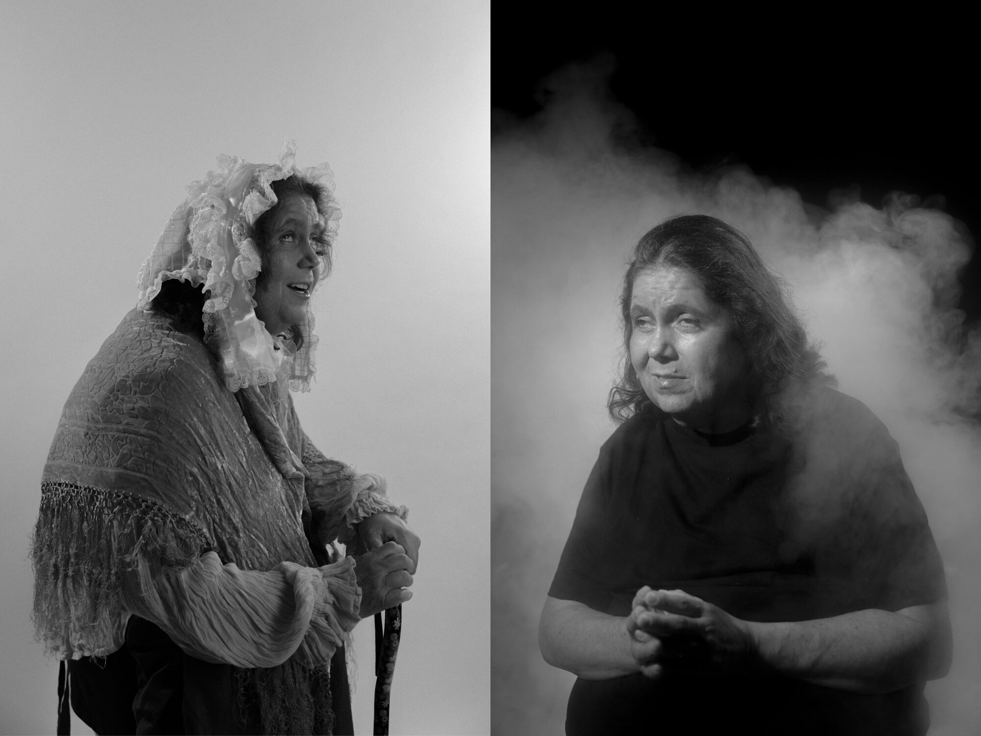 A split image shows a woman with a cane and bonnet, left, and wearing a black shirt surrounded by mist, right.