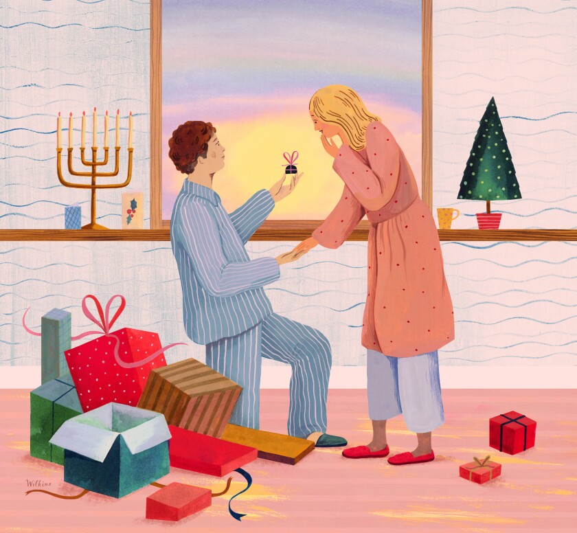 Illustration of a man down on one knee, holding up a ring box, and proposing to a woman still in her bathrobe. 