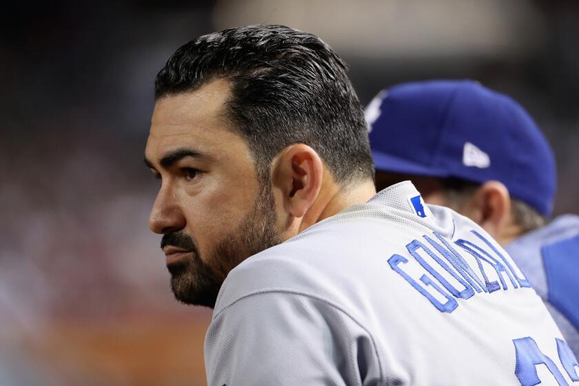 PHOENIX, AZ - APRIL 21: Adrian Gonzalez #23 of the Los Angeles Dodgers watches from the dugout during the MLB game against the Arizona Diamondbacks at Chase Field on April 21, 2017 in Phoenix, Arizona. (Photo by Christian Petersen/Getty Images) ** OUTS - ELSENT, FPG, CM - OUTS * NM, PH, VA if sourced by CT, LA or MoD **