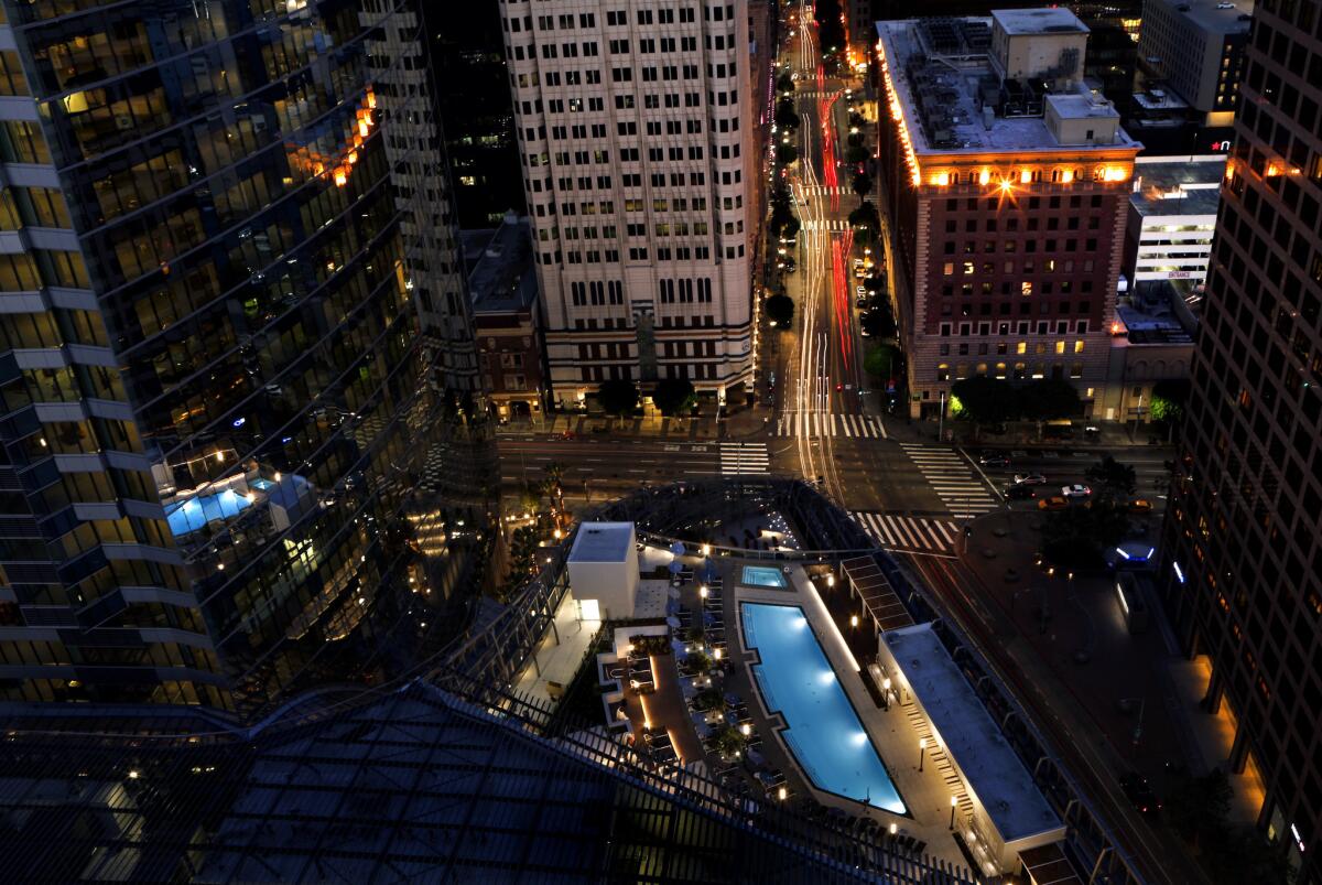 An overhead view of the seventh-floor swimming pool.