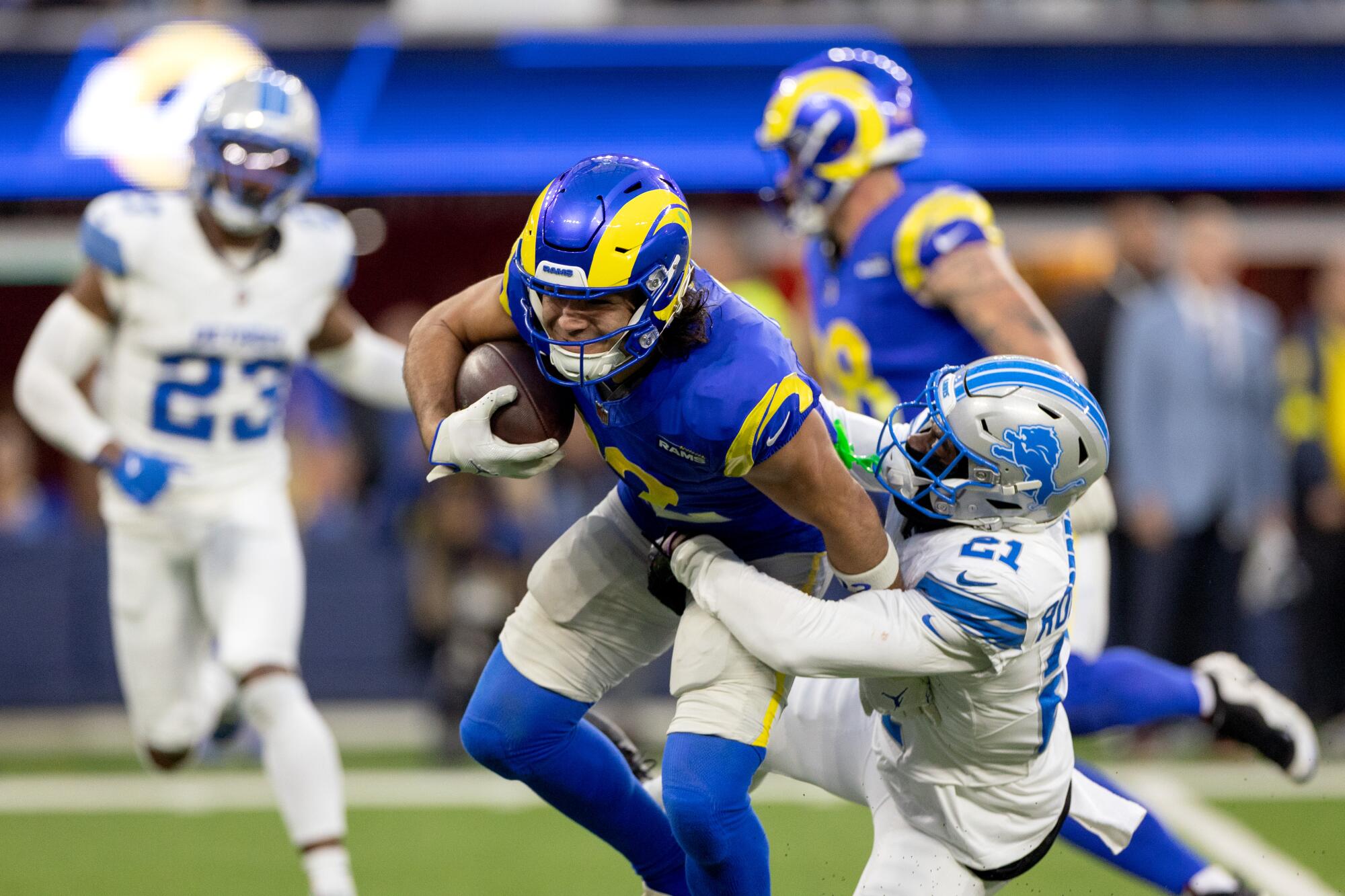 Commentary: No jinx, solely actuality. Rams are going to win a Tremendous Bowl championship 2 Rams wide receiver Puka Nacua is tackled by Detroit cornerback Amik Robertson during the second half Sunday.