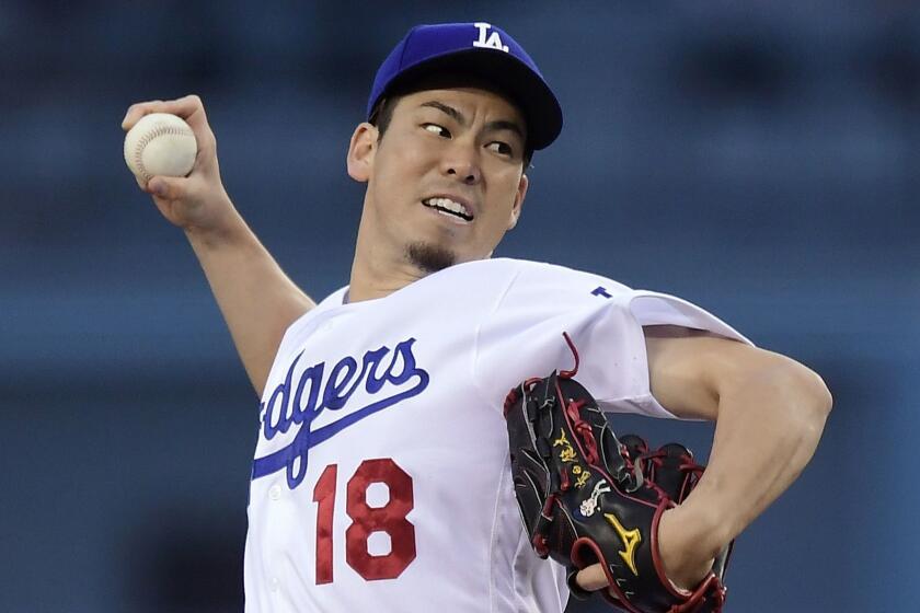Los Angeles Dodgers starting pitcher Kenta Maeda, of Japan, throws during the first inning of the team's baseball game against the San Diego Padres on Wednesday, May 15, 2019, in Los Angeles. (AP Photo/Mark J. Terrill)