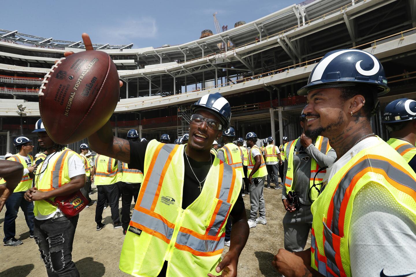 Rams wide receivers Steven Mitchell Jr., left, and LaQuvionte Gonzalez