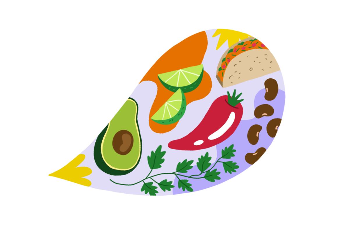 Speech bubble with images of an avocado, a chile, a taco, limes, cilantro and beans.