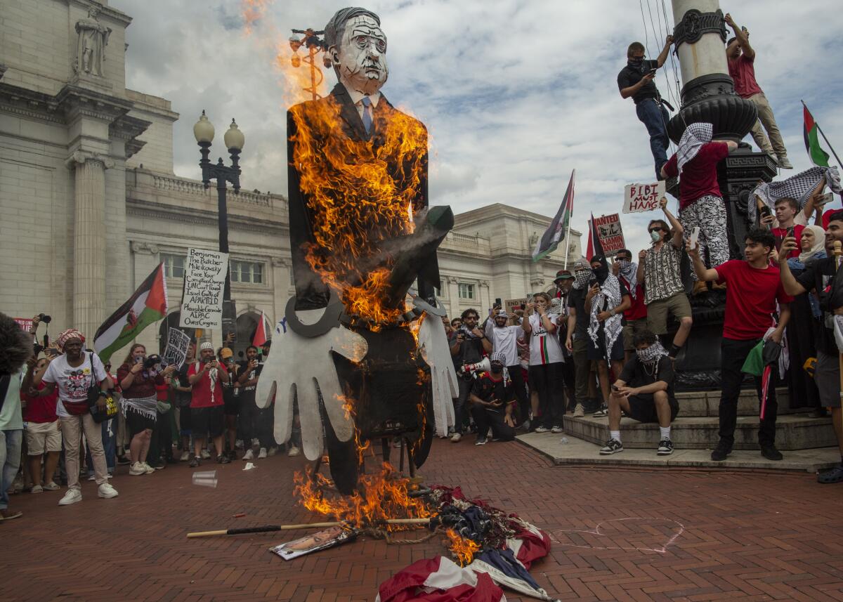 An effigy and an American flag burn amid demonstrators.