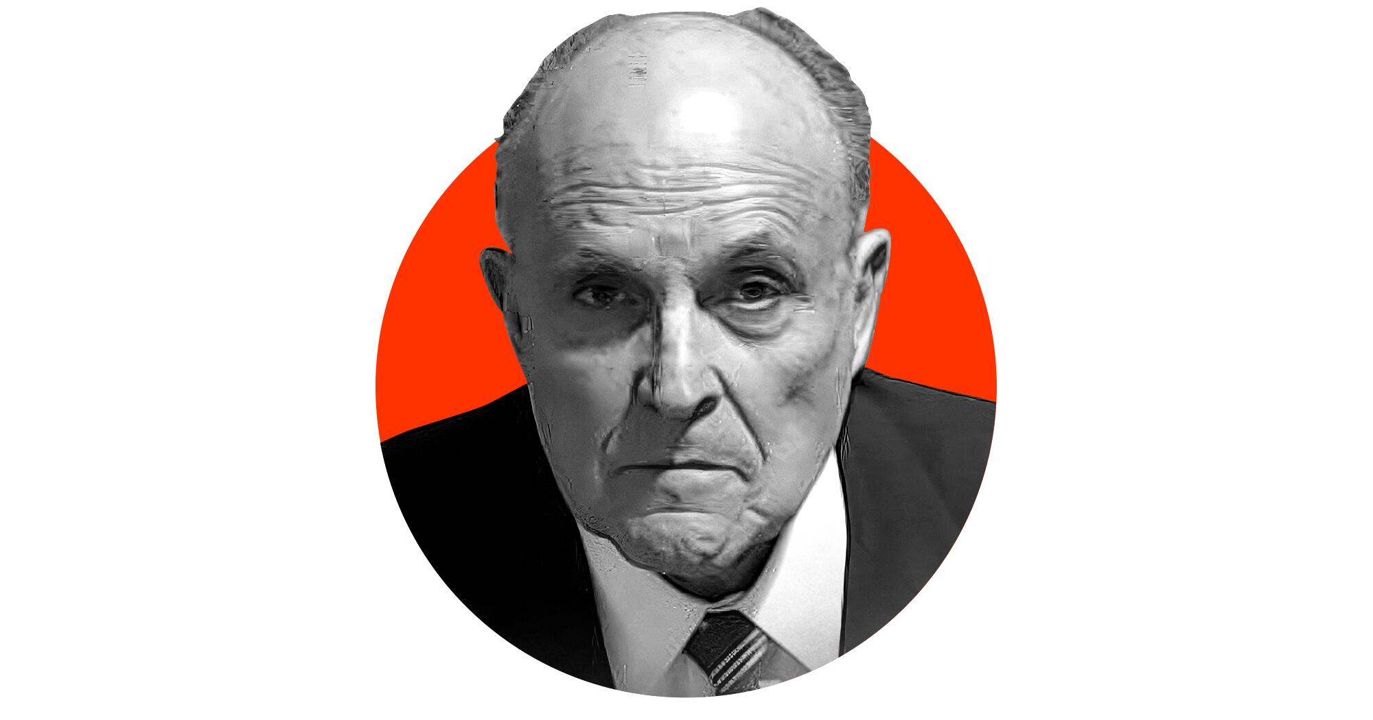 A photo illustration of a black-and-white police booking photo of Rudolph W. Giuliani emerging from a red circle