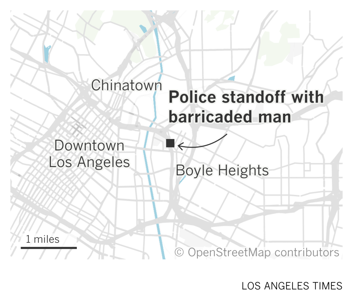 A map of Los Angeles' Eastside showing where police were in a standoff with a barricaded man in Boyle Heights