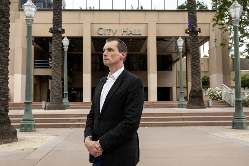 ANHEIM, CA - JUNE 12, 2023: Ex-city councilman Jordan Brandman is providing inside information on how a self-described "cabal" of lobbyists and consultants pulled the strings in Anaheim on June 12, 2023 in Anaheim, California. He was once under the sway of the council faction and has since turned on the group, who are now the subject of an FBI investigation. (Gina Ferazzi / Los Angeles Times)