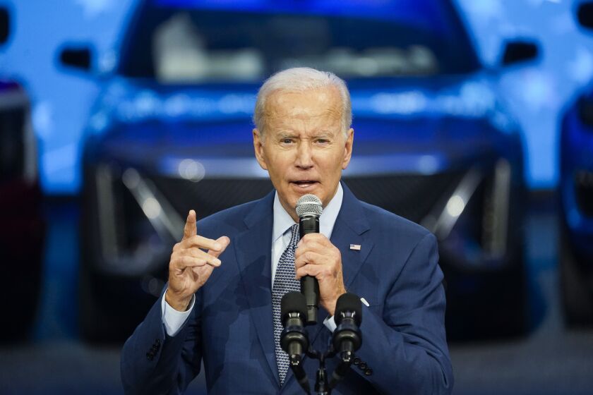 President Biden speaks at the North American International Auto Show in Detroit in September.