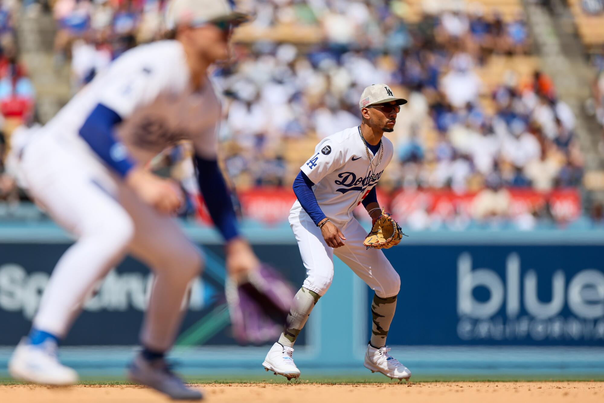 Dodgers shortstop Mookie Betts (50) at shortstop against the Angels at Dodger Stadium earlier this month.