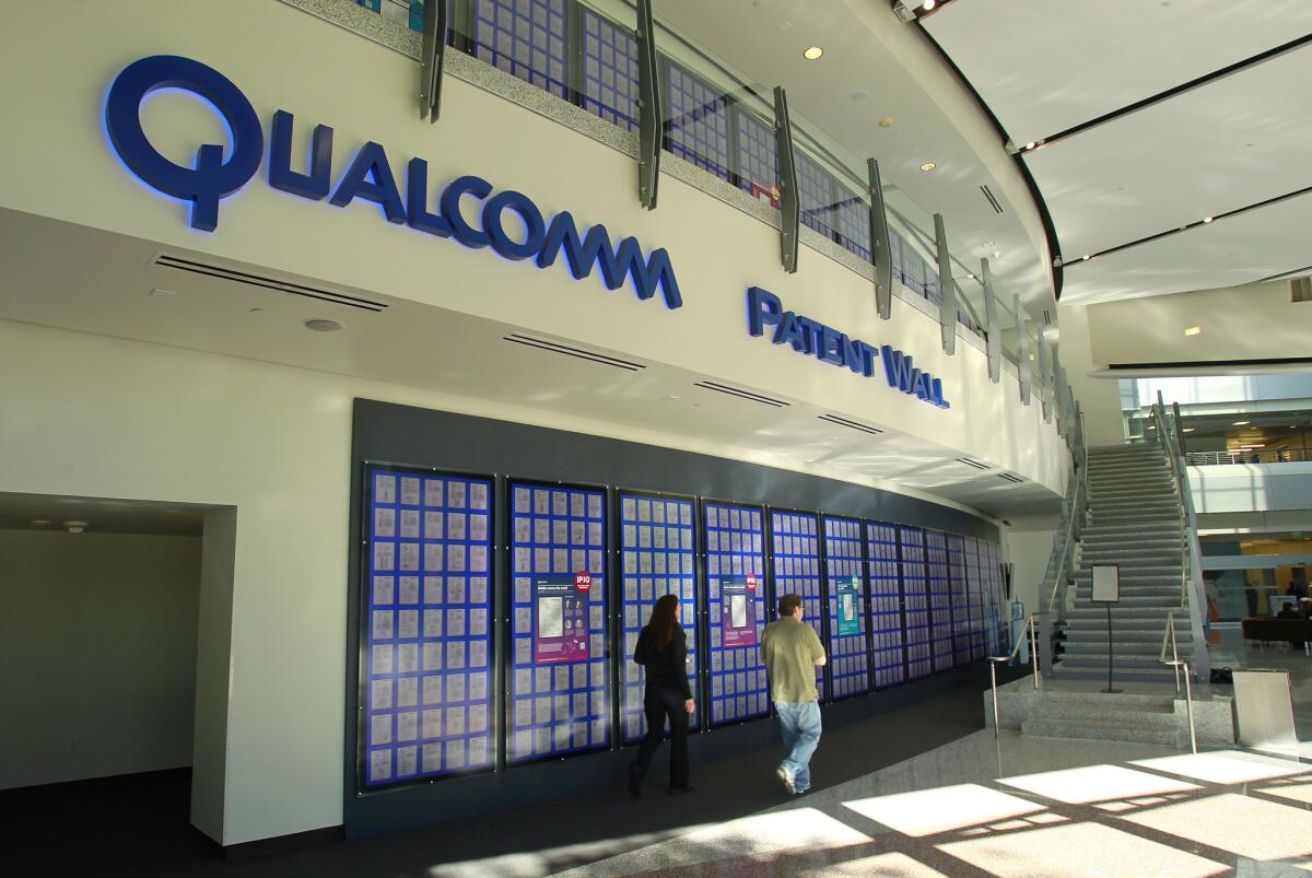Patents issued to Qualcomm are displayed on the Patent Wall at the Qualcomm headquarters in Sorrento Valley.