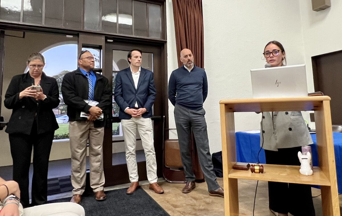 San Diego city officials speak at the Feb. 9 La Jolla Town Council meeting.