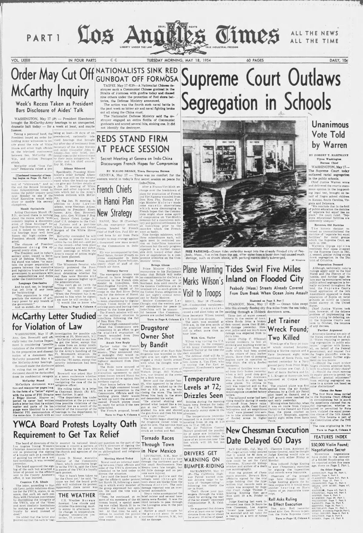 Newspaper clipping from May 17, 1954, highlighting the ban of segregation in schools