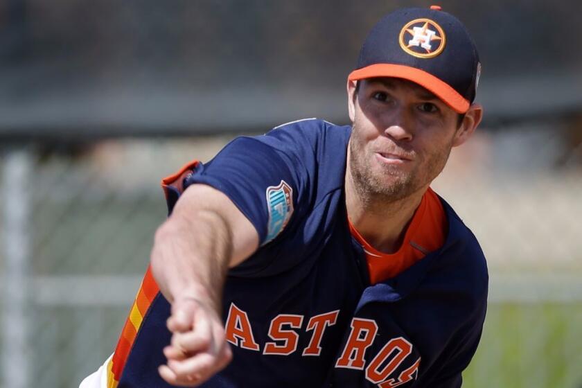 Houston Astros pitcher Doug Fister throws during a spring training baseball workout, Friday, Feb. 19, 2016, in Kissimmee, Fla. (AP Photo/John Raoux)
